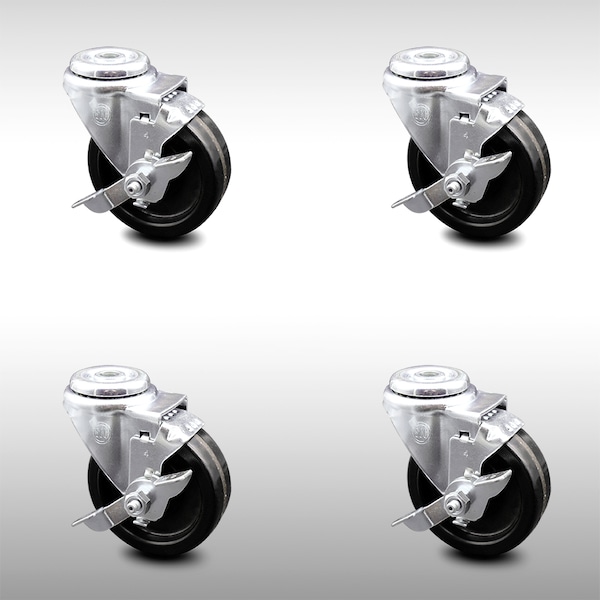 4 Inch SS Phenolic Wheel Swivel Bolt Hole Caster Set with Brake